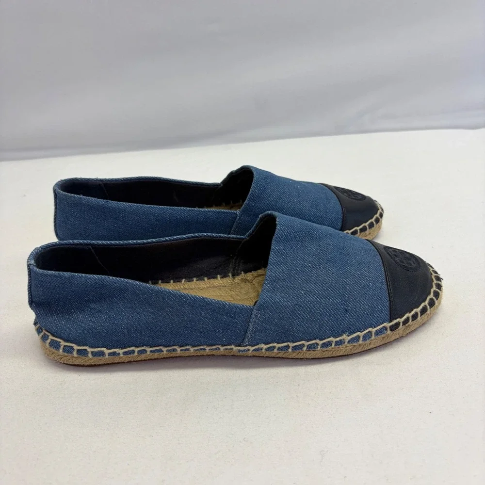 Tory Burch Espadrille Flats Womens 7.5 Blue Denim Leather Cap Toe Nautical 46767